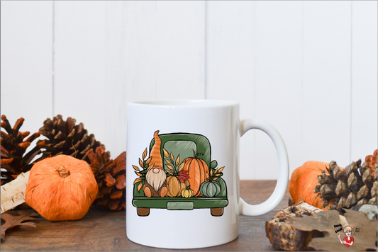 Coffee Mug-  Holiday/Events-  Fall-  Green Truck Pumpkin with Gnome