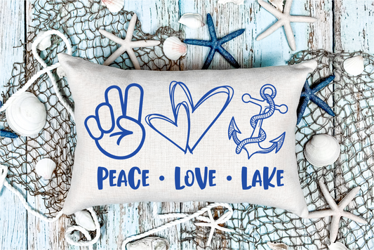 Pillow Cover-  Lake/Beach-  Peace Love Lake-  Blue